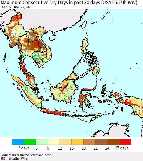 South East Asia Maximum Consecutive Dry Days in past 30 days (USAF 557th WW) 11/25/2021 Thematic Map For 11/21/2021 - 11/25/2021
