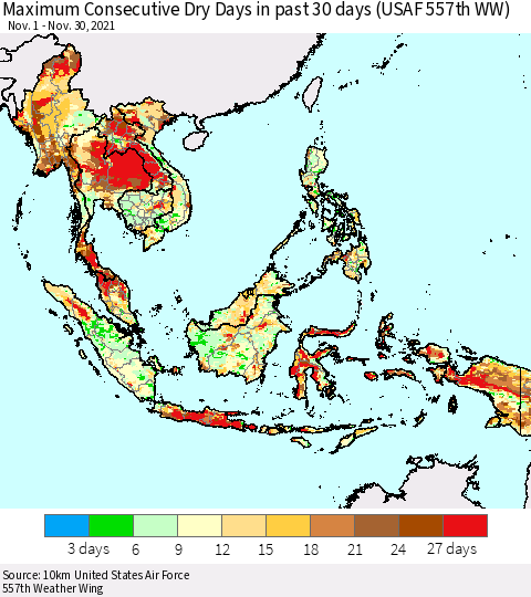 South East Asia Maximum Consecutive Dry Days in past 30 days (USAF 557th WW) 11/30/2021 Thematic Map For 11/26/2021 - 11/30/2021