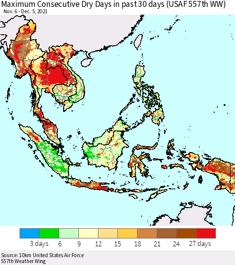 South East Asia Maximum Consecutive Dry Days in past 30 days (USAF 557th WW) 12/05/2021 Thematic Map For 12/1/2021 - 12/5/2021