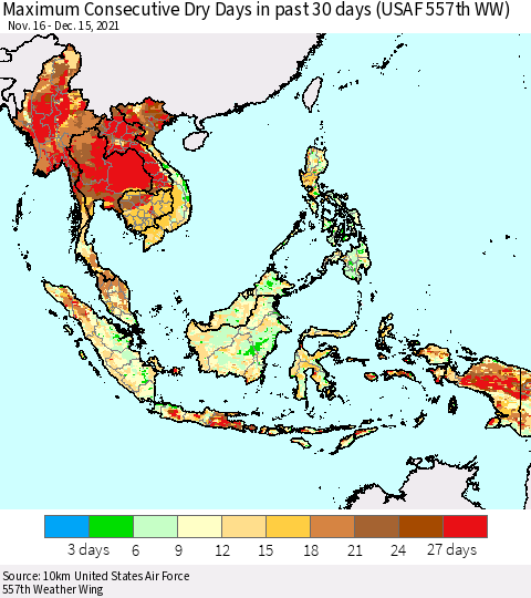 South East Asia Maximum Consecutive Dry Days in past 30 days (USAF 557th WW) 12/15/2021 Thematic Map For 12/11/2021 - 12/15/2021