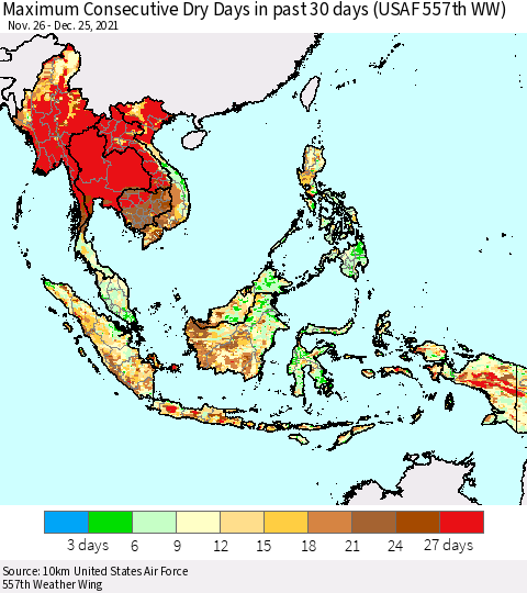 South East Asia Maximum Consecutive Dry Days in past 30 days (USAF 557th WW) 12/25/2021 Thematic Map For 12/21/2021 - 12/25/2021