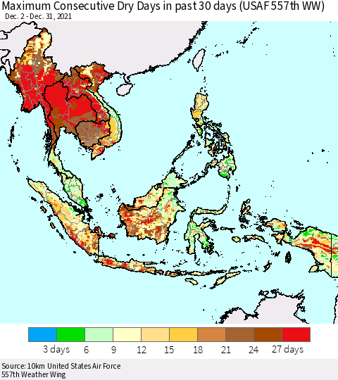 South East Asia Maximum Consecutive Dry Days in past 30 days (USAF 557th WW) 12/31/2021 Thematic Map For 12/26/2021 - 12/31/2021