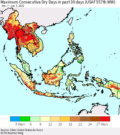 South East Asia Maximum Consecutive Dry Days in past 30 days (USAF 557th WW) 01/05/2022 Thematic Map For 1/1/2022 - 1/5/2022