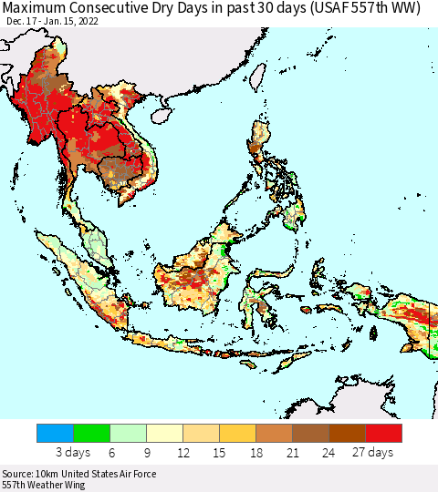 South East Asia Maximum Consecutive Dry Days in past 30 days (USAF 557th WW) 01/15/2022 Thematic Map For 1/11/2022 - 1/15/2022