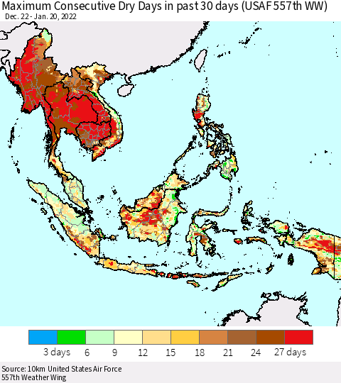 South East Asia Maximum Consecutive Dry Days in past 30 days (USAF 557th WW) 01/20/2022 Thematic Map For 1/16/2022 - 1/20/2022