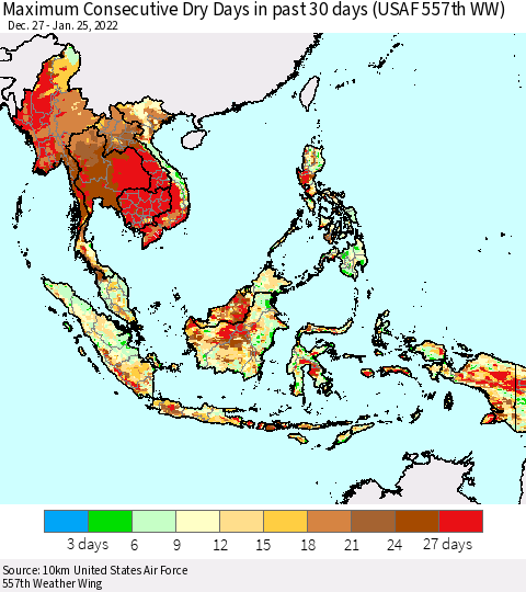 South East Asia Maximum Consecutive Dry Days in past 30 days (USAF 557th WW) 01/25/2022 Thematic Map For 1/21/2022 - 1/25/2022