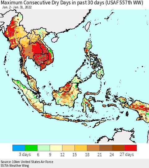 South East Asia Maximum Consecutive Dry Days in past 30 days (USAF 557th WW) 01/31/2022 Thematic Map For 1/26/2022 - 1/31/2022