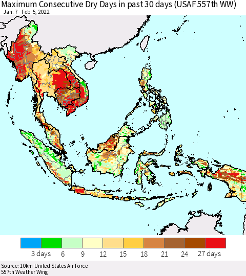 South East Asia Maximum Consecutive Dry Days in past 30 days (USAF 557th WW) 02/05/2022 Thematic Map For 2/1/2022 - 2/5/2022
