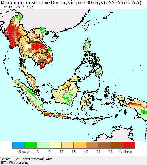 South East Asia Maximum Consecutive Dry Days in past 30 days (USAF 557th WW) 02/15/2022 Thematic Map For 2/11/2022 - 2/15/2022
