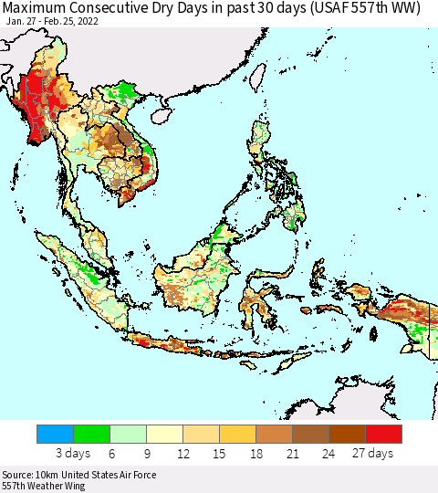 South East Asia Maximum Consecutive Dry Days in past 30 days (USAF 557th WW) 02/25/2022 Thematic Map For 2/21/2022 - 2/25/2022