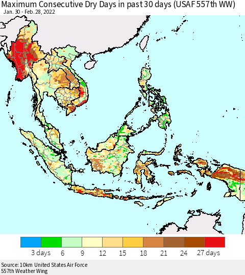 South East Asia Maximum Consecutive Dry Days in past 30 days (USAF 557th WW) 02/28/2022 Thematic Map For 2/26/2022 - 2/28/2022