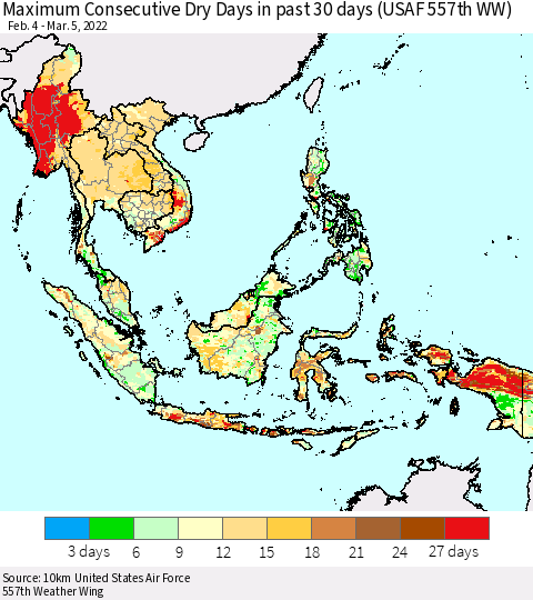 South East Asia Maximum Consecutive Dry Days in past 30 days (USAF 557th WW) 03/05/2022 Thematic Map For 3/1/2022 - 3/5/2022