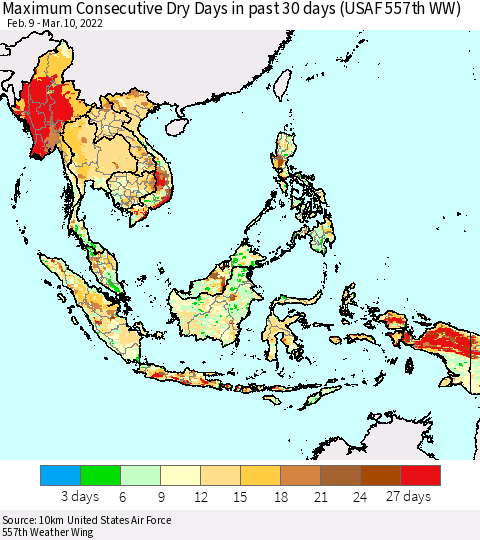 South East Asia Maximum Consecutive Dry Days in past 30 days (USAF 557th WW) 03/10/2022 Thematic Map For 3/6/2022 - 3/10/2022
