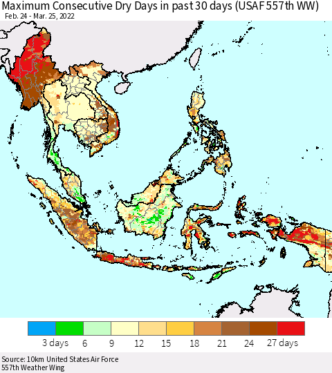 South East Asia Maximum Consecutive Dry Days in past 30 days (USAF 557th WW) 03/25/2022 Thematic Map For 3/21/2022 - 3/25/2022