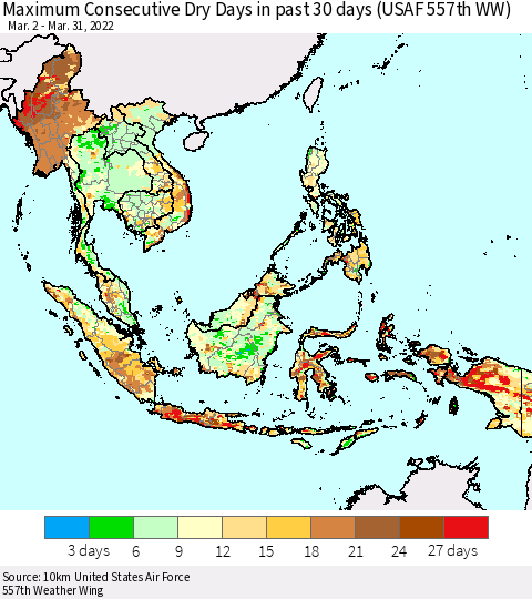 South East Asia Maximum Consecutive Dry Days in past 30 days (USAF 557th WW) 03/31/2022 Thematic Map For 3/26/2022 - 3/31/2022