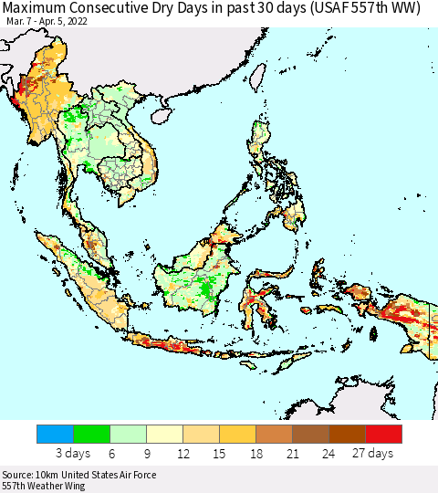 South East Asia Maximum Consecutive Dry Days in past 30 days (USAF 557th WW) 04/05/2022 Thematic Map For 4/1/2022 - 4/5/2022
