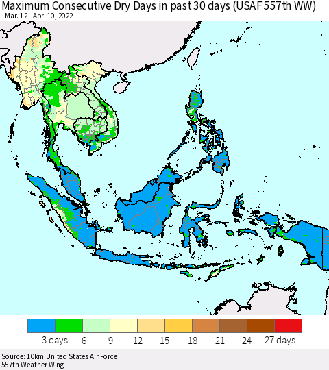 South East Asia Maximum Consecutive Dry Days in past 30 days (USAF 557th WW) 04/10/2022 Thematic Map For 4/6/2022 - 4/10/2022