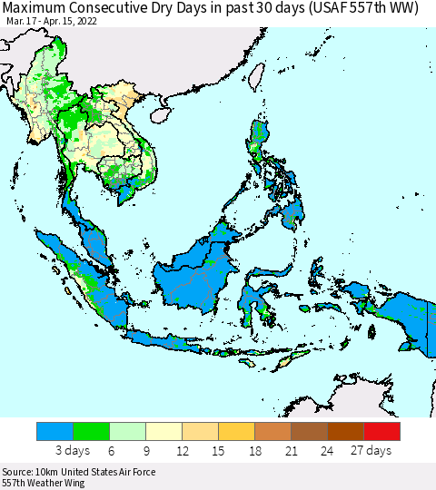 South East Asia Maximum Consecutive Dry Days in past 30 days (USAF 557th WW) 04/15/2022 Thematic Map For 4/11/2022 - 4/15/2022