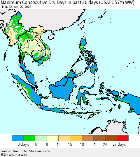 South East Asia Maximum Consecutive Dry Days in past 30 days (USAF 557th WW) 04/20/2022 Thematic Map For 4/16/2022 - 4/20/2022