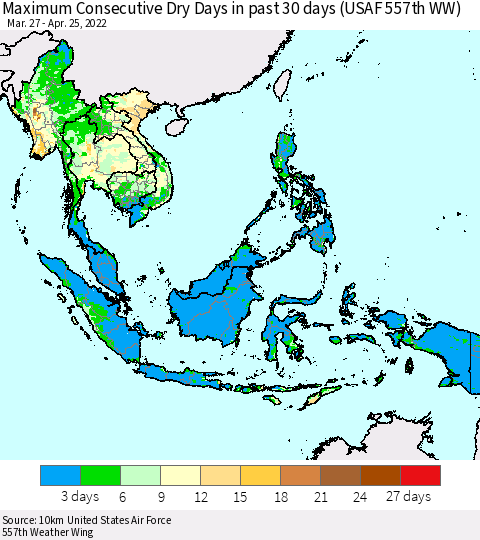 South East Asia Maximum Consecutive Dry Days in past 30 days (USAF 557th WW) 04/25/2022 Thematic Map For 4/21/2022 - 4/25/2022
