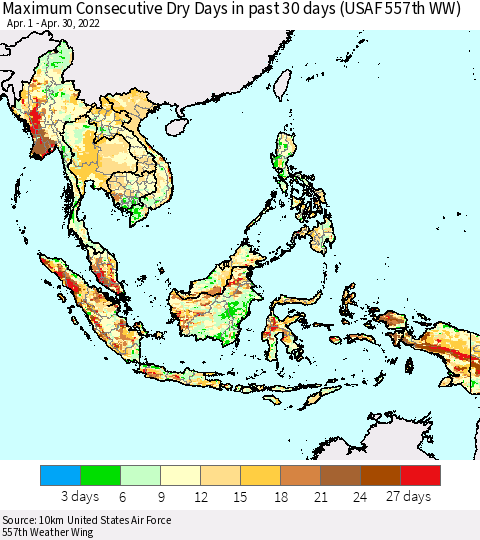 South East Asia Maximum Consecutive Dry Days in past 30 days (USAF 557th WW) 04/30/2022 Thematic Map For 4/26/2022 - 4/30/2022