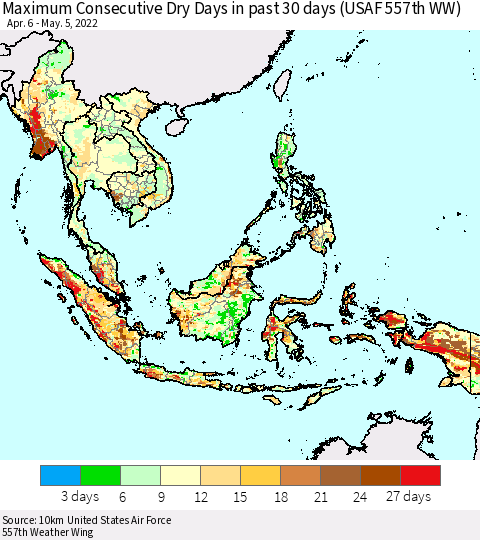 South East Asia Maximum Consecutive Dry Days in past 30 days (USAF 557th WW) 05/05/2022 Thematic Map For 5/1/2022 - 5/5/2022
