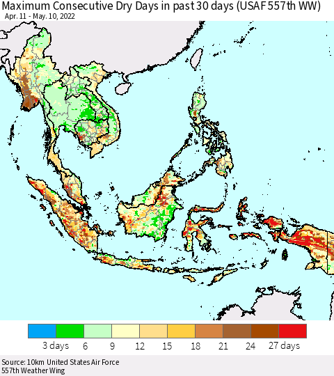 South East Asia Maximum Consecutive Dry Days in past 30 days (USAF 557th WW) 05/10/2022 Thematic Map For 5/6/2022 - 5/10/2022