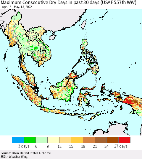 South East Asia Maximum Consecutive Dry Days in past 30 days (USAF 557th WW) 05/15/2022 Thematic Map For 5/11/2022 - 5/15/2022