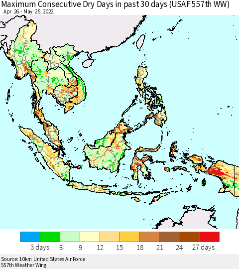South East Asia Maximum Consecutive Dry Days in past 30 days (USAF 557th WW) 05/25/2022 Thematic Map For 5/21/2022 - 5/25/2022
