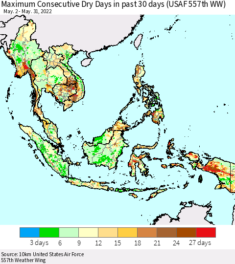 South East Asia Maximum Consecutive Dry Days in past 30 days (USAF 557th WW) 05/31/2022 Thematic Map For 5/26/2022 - 5/31/2022