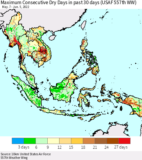 South East Asia Maximum Consecutive Dry Days in past 30 days (USAF 557th WW) 06/05/2022 Thematic Map For 6/1/2022 - 6/5/2022