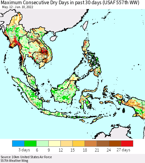 South East Asia Maximum Consecutive Dry Days in past 30 days (USAF 557th WW) 06/10/2022 Thematic Map For 6/6/2022 - 6/10/2022