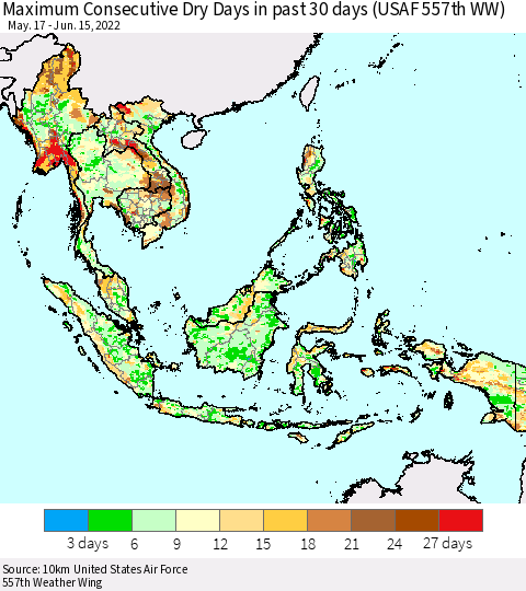 South East Asia Maximum Consecutive Dry Days in past 30 days (USAF 557th WW) 06/15/2022 Thematic Map For 6/11/2022 - 6/15/2022