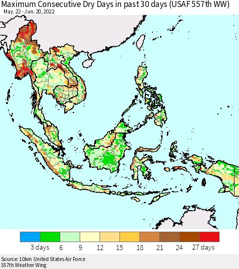 South East Asia Maximum Consecutive Dry Days in past 30 days (USAF 557th WW) 06/20/2022 Thematic Map For 6/16/2022 - 6/20/2022