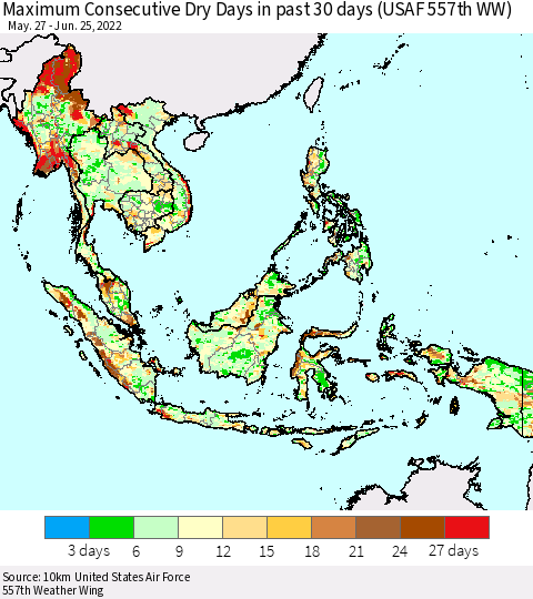 South East Asia Maximum Consecutive Dry Days in past 30 days (USAF 557th WW) 06/25/2022 Thematic Map For 6/21/2022 - 6/25/2022