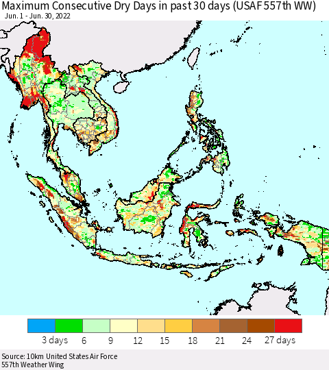 South East Asia Maximum Consecutive Dry Days in past 30 days (USAF 557th WW) 06/30/2022 Thematic Map For 6/26/2022 - 6/30/2022