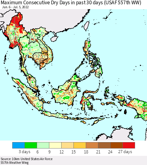South East Asia Maximum Consecutive Dry Days in past 30 days (USAF 557th WW) 07/05/2022 Thematic Map For 7/1/2022 - 7/5/2022