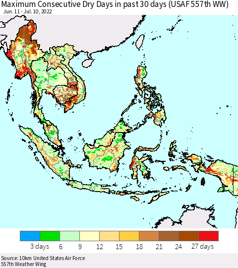 South East Asia Maximum Consecutive Dry Days in past 30 days (USAF 557th WW) 07/10/2022 Thematic Map For 7/6/2022 - 7/10/2022