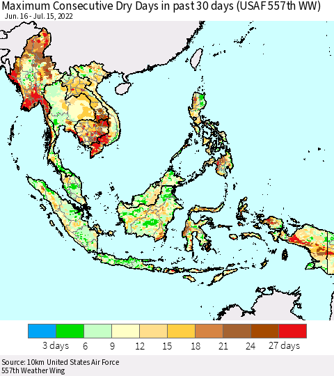 South East Asia Maximum Consecutive Dry Days in past 30 days (USAF 557th WW) 07/15/2022 Thematic Map For 7/11/2022 - 7/15/2022