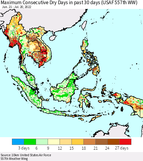 South East Asia Maximum Consecutive Dry Days in past 30 days (USAF 557th WW) 07/20/2022 Thematic Map For 7/16/2022 - 7/20/2022