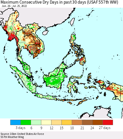 South East Asia Maximum Consecutive Dry Days in past 30 days (USAF 557th WW) 07/25/2022 Thematic Map For 7/21/2022 - 7/25/2022