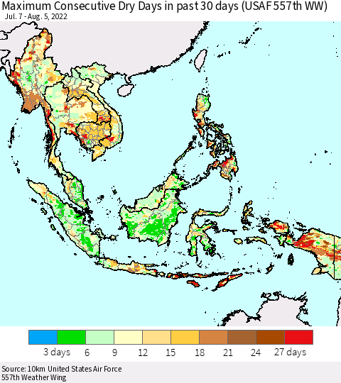 South East Asia Maximum Consecutive Dry Days in past 30 days (USAF 557th WW) 08/05/2022 Thematic Map For 8/1/2022 - 8/5/2022