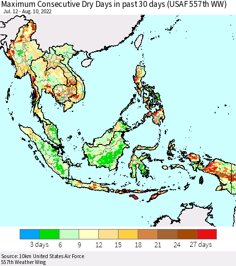 South East Asia Maximum Consecutive Dry Days in past 30 days (USAF 557th WW) 08/10/2022 Thematic Map For 8/6/2022 - 8/10/2022