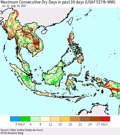 South East Asia Maximum Consecutive Dry Days in past 30 days (USAF 557th WW) 08/20/2022 Thematic Map For 8/16/2022 - 8/20/2022