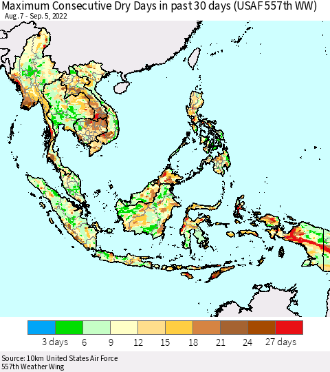 South East Asia Maximum Consecutive Dry Days in past 30 days (USAF 557th WW) 09/05/2022 Thematic Map For 9/1/2022 - 9/5/2022