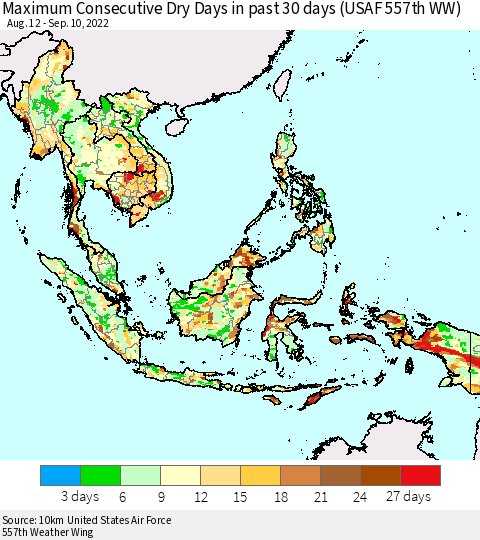 South East Asia Maximum Consecutive Dry Days in past 30 days (USAF 557th WW) 09/10/2022 Thematic Map For 9/6/2022 - 9/10/2022