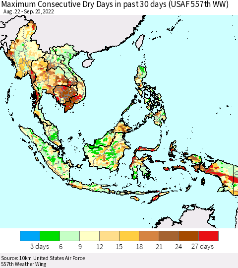 South East Asia Maximum Consecutive Dry Days in past 30 days (USAF 557th WW) 09/20/2022 Thematic Map For 9/16/2022 - 9/20/2022
