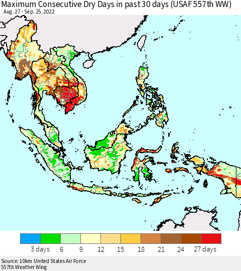 South East Asia Maximum Consecutive Dry Days in past 30 days (USAF 557th WW) 09/25/2022 Thematic Map For 9/21/2022 - 9/25/2022