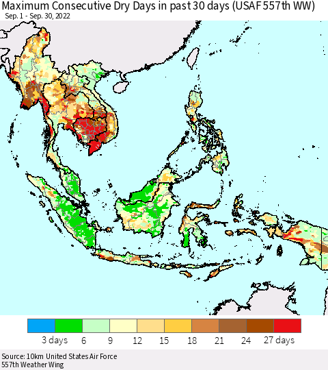 South East Asia Maximum Consecutive Dry Days in past 30 days (USAF 557th WW) 09/30/2022 Thematic Map For 9/26/2022 - 9/30/2022