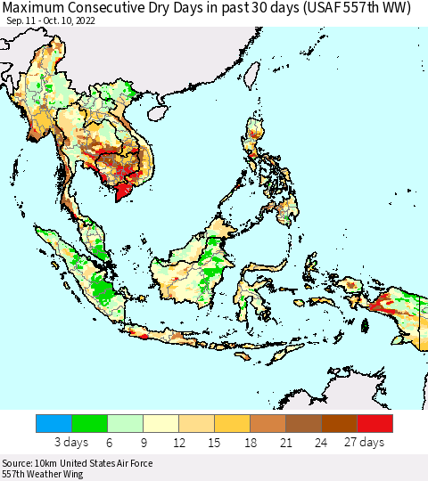 South East Asia Maximum Consecutive Dry Days in past 30 days (USAF 557th WW) 10/10/2022 Thematic Map For 10/6/2022 - 10/10/2022